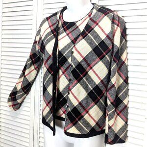 Womens CASHMERE Tartan Plaid Cardigan Set Sweater Saks Fifth Ave Small Ivory Red